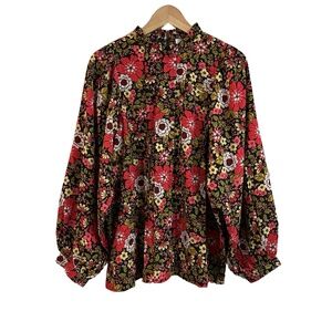 NWOT Molly Bracken Women's Large Abby Top in Floral Multicolor‎ Ruffle Neck L/S